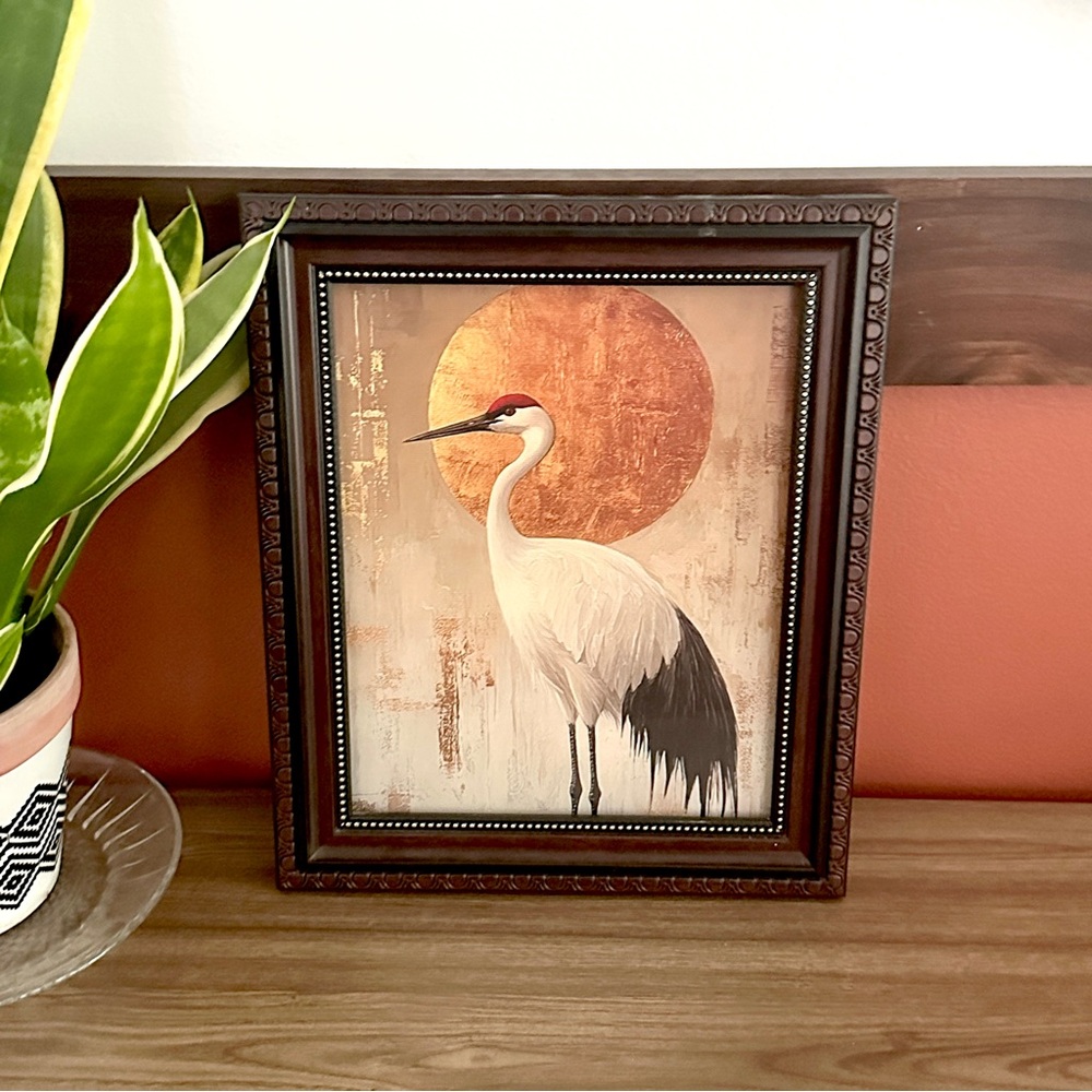 Crane Golden Sun Asian Style Bird Moody Canvas Art Print Framed Wall Art 9x11”